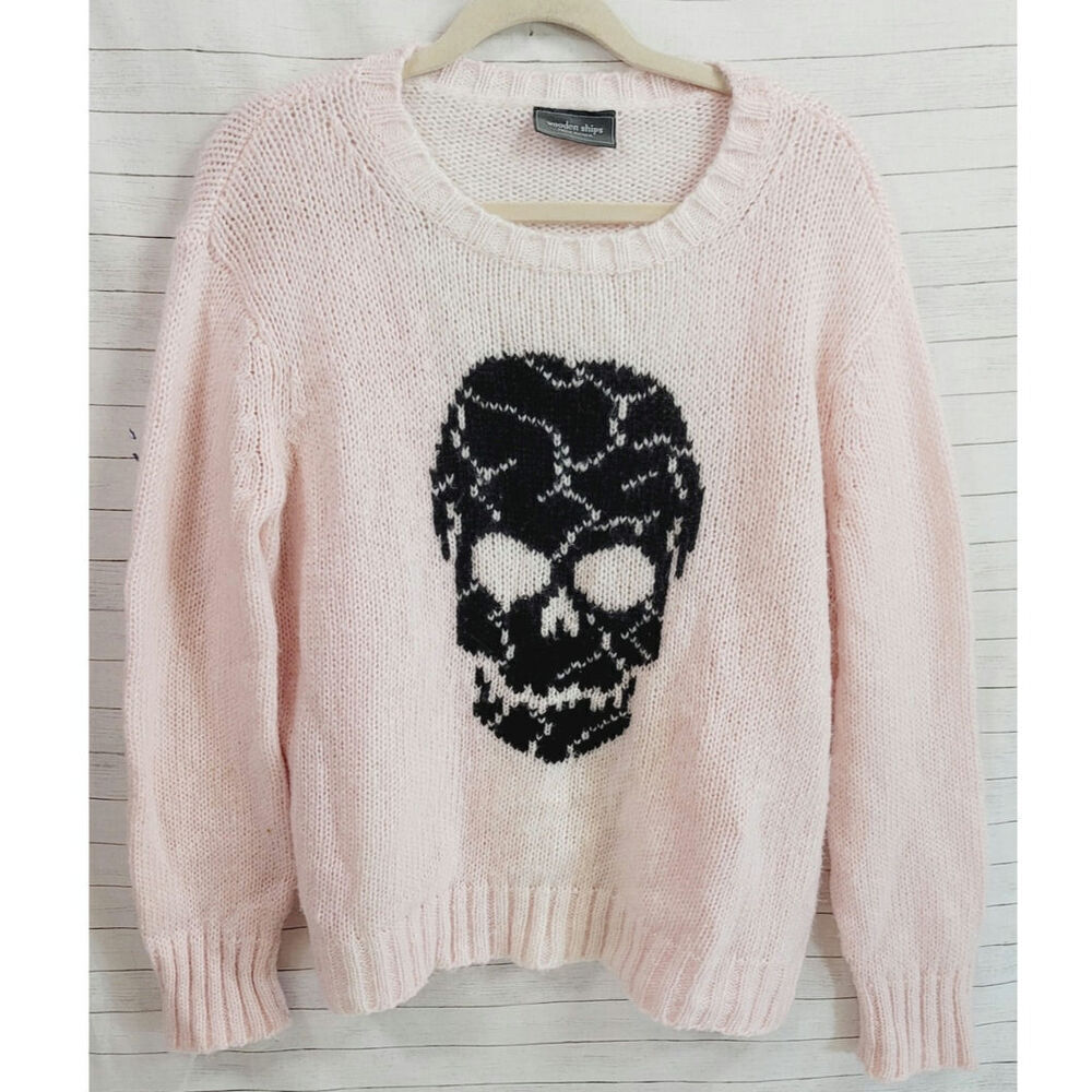 WOODEN SHIPS SKULL GRAPHIC MOHAIR BLEND SWEATER IN PINK/CREAM, SZ SMALL/MEDIUM